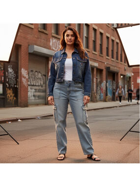 Women's NoFuze Blue Denim Cropped Jean Jacket with Red Studs 1X